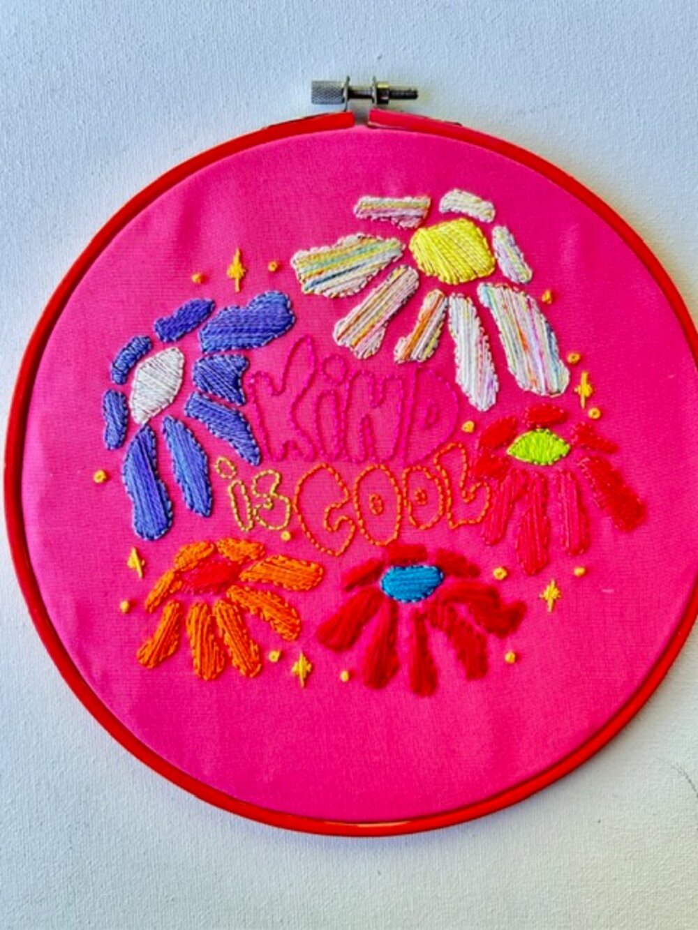 Hand Embroidered "Kind Is Cool" Wall Art | 8" Hoop | Colorful Retro Floral Decor